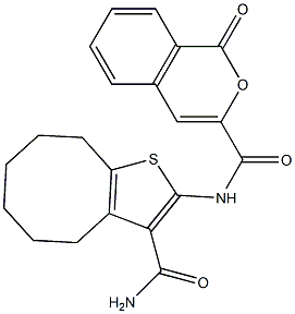 N-[3-(aminocarbonyl)-4,5,6,7,8,9-hexahydrocycloocta[b]thien-2-yl]-1-oxo-1H-isochromene-3-carboxamide 化学構造式