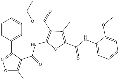 isopropyl 5-[(2-methoxyanilino)carbonyl]-4-methyl-2-{[(5-methyl-3-phenyl-4-isoxazolyl)carbonyl]amino}-3-thiophenecarboxylate Structure