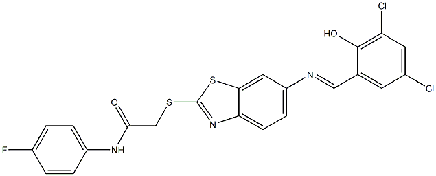 2-({6-[(3,5-dichloro-2-hydroxybenzylidene)amino]-1,3-benzothiazol-2-yl}sulfanyl)-N-(4-fluorophenyl)acetamide 化学構造式