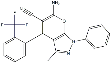 6-amino-3-methyl-1-phenyl-4-[2-(trifluoromethyl)phenyl]-1,4-dihydropyrano[2,3-c]pyrazole-5-carbonitrile Struktur