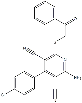 2-amino-4-(4-chlorophenyl)-6-[(2-oxo-2-phenylethyl)sulfanyl]pyridine-3,5-dicarbonitrile,,结构式