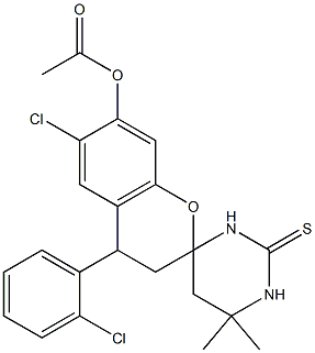 7-(acetyloxy)-6-chloro-6',6'-dimethyl-4-(2-chlorophenyl)-2'-thioxospiro[chromane-2,4-hexahydropyrimidine] Struktur