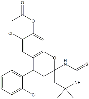 7-(acetyloxy)-6-chloro-6',6'-dimethyl-4-(2-chlorophenyl)-2'-thioxospiro[chromane-2,4-hexahydropyrimidine] Structure