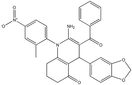 2-amino-4-(1,3-benzodioxol-5-yl)-3-benzoyl-1-{4-nitro-2-methylphenyl}-4,6,7,8-tetrahydro-5(1H)-quinolinone 化学構造式