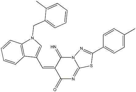 5-imino-6-{[1-(2-methylbenzyl)-1H-indol-3-yl]methylene}-2-(4-methylphenyl)-5,6-dihydro-7H-[1,3,4]thiadiazolo[3,2-a]pyrimidin-7-one 结构式