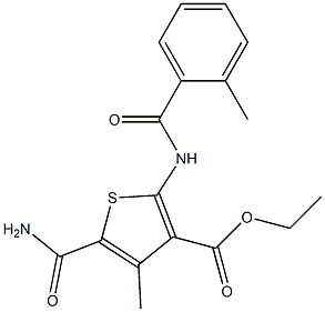 ethyl 5-(aminocarbonyl)-4-methyl-2-[(2-methylbenzoyl)amino]-3-thiophenecarboxylate Structure