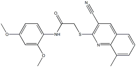 N-[2,4-bis(methyloxy)phenyl]-2-[(3-cyano-8-methylquinolin-2-yl)sulfanyl]acetamide,,结构式