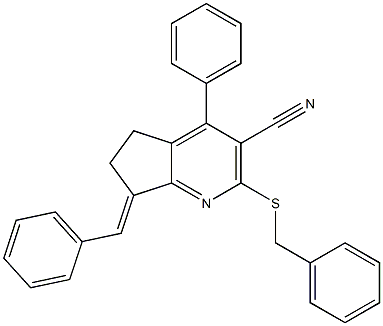 7-benzylidene-2-(benzylsulfanyl)-4-phenyl-6,7-dihydro-5H-cyclopenta[b]pyridine-3-carbonitrile,,结构式