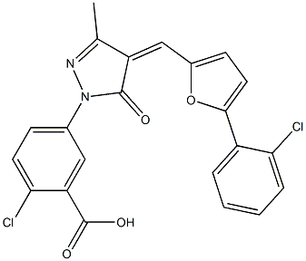 2-chloro-5-(4-{[5-(2-chlorophenyl)-2-furyl]methylene}-3-methyl-5-oxo-4,5-dihydro-1H-pyrazol-1-yl)benzoic acid Structure