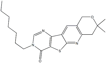 3-heptyl-8,8-dimethyl-7,10-dihydro-8H-pyrano[3'',4'':5',6']pyrido[3',2':4,5]thieno[3,2-d]pyrimidin-4(3H)-one Struktur