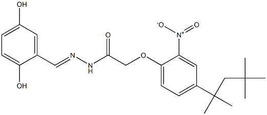 N'-(2,5-dihydroxybenzylidene)-2-[2-nitro-4-(1,1,3,3-tetramethylbutyl)phenoxy]acetohydrazide Struktur