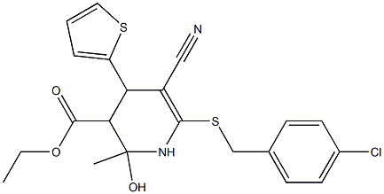 ethyl 6-[(4-chlorobenzyl)sulfanyl]-5-cyano-2-hydroxy-2-methyl-4-(2-thienyl)-1,2,3,4-tetrahydro-3-pyridinecarboxylate,,结构式
