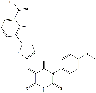 3-{5-[(1-(4-methoxyphenyl)-4,6-dioxo-2-thioxotetrahydropyrimidin-5(2H)-ylidene)methyl]-2-furyl}-2-methylbenzoic acid Structure