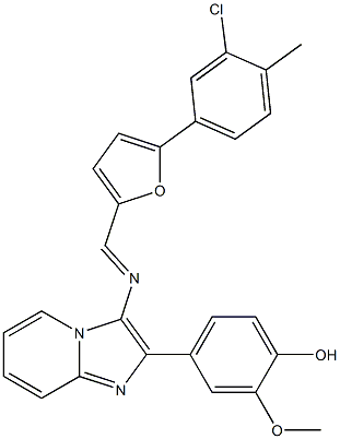 4-[3-({[5-(3-chloro-4-methylphenyl)-2-furyl]methylene}amino)imidazo[1,2-a]pyridin-2-yl]-2-methoxyphenol 化学構造式