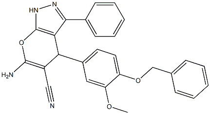 6-amino-4-[4-(benzyloxy)-3-methoxyphenyl]-3-phenyl-1,4-dihydropyrano[2,3-c]pyrazole-5-carbonitrile 结构式