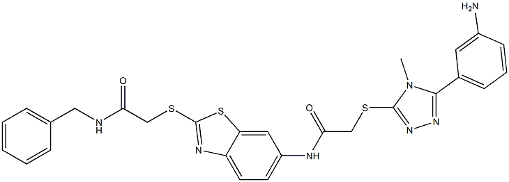 2-{[5-(3-aminophenyl)-4-methyl-4H-1,2,4-triazol-3-yl]sulfanyl}-N-(2-{[2-(benzylamino)-2-oxoethyl]sulfanyl}-1,3-benzothiazol-6-yl)acetamide Structure