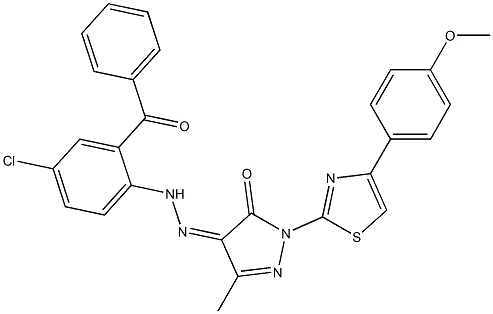1-[4-(4-methoxyphenyl)-1,3-thiazol-2-yl]-3-methyl-1H-pyrazole-4,5-dione 4-[N-(2-benzoyl-4-chlorophenyl)hydrazone] 结构式
