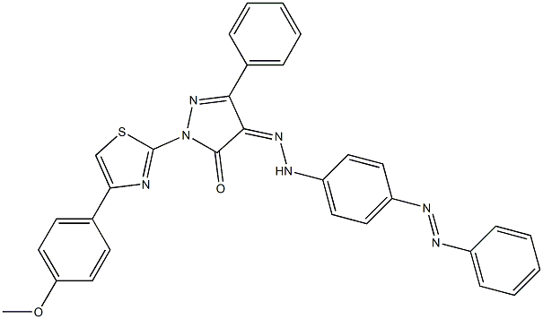 1-[4-(4-methoxyphenyl)-1,3-thiazol-2-yl]-3-phenyl-1H-pyrazole-4,5-dione 4-(N-{4-[(E)-2-phenyldiazenyl]phenyl}hydrazone),,结构式