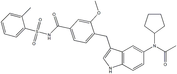 4-[5-(Cyclopentylacetylamino)-1H-indol-3-ylmethyl]-3-methoxy-N-(2-methylphenylsulfonyl)benzamide Struktur