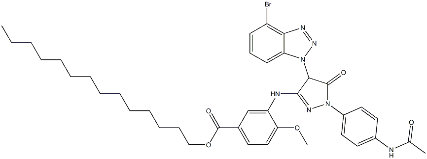 1-(4-Acetylaminophenyl)-3-(2-methoxy-5-tetradecyloxycarbonylanilino)-4-(bromo-1-benzotriazolyl)-5-oxo-2-pyrazoline Struktur