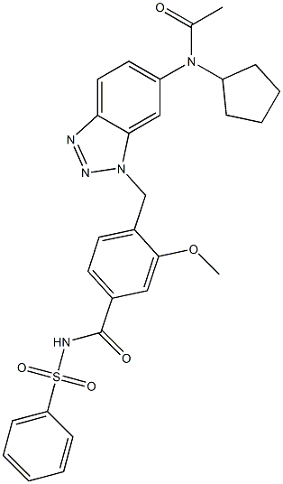 4-[6-(Cyclopentylacetylamino)-1H-benzotriazol-1-ylmethyl]-3-methoxy-N-(phenylsulfonyl)benzamide Struktur