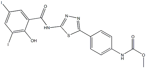 2-Hydroxy-3,5-diiodo-N-[5-[4-[(methoxycarbonyl)amino]phenyl]-1,3,4-thiadiazol-2-yl]benzamide Struktur