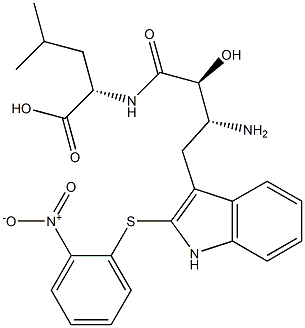 N-[(2S,3R)-3-アミノ-2-ヒドロキシ-4-[2-[(2-ニトロフェニル)チオ]-1H-インドール-3-イル]ブチリル]-L-ロイシン 化学構造式