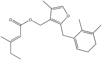 4-メチル-2-[(2,3-ジメチル-2,6(1)-シクロヘキサジエン-1-イル)メチル]-3-[[[(E)-3-メチル-2-ペンテノイル]オキシ]メチル]フラン 化学構造式