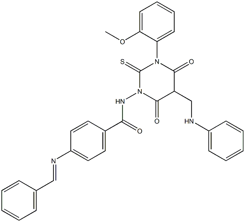 4-(ベンジリデンアミノ)-N-[[ヘキサヒドロ-4,6-ジオキソ-2-チオキソ-3-(2-メトキシフェニル)-5-(フェニルアミノメチル)ピリミジン]-1-イル]ベンズアミド 化学構造式