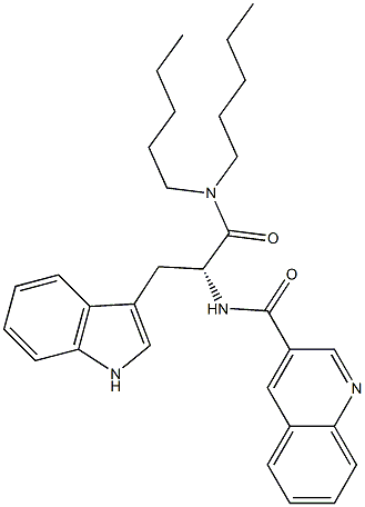 (R)-2-(3-キノリニルカルボニルアミノ)-3-(1H-インドール-3-イル)-N,N-ジペンチルプロパンアミド 化学構造式