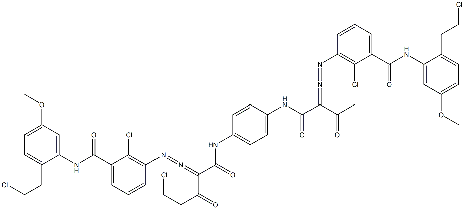 3,3'-[2-(クロロメチル)-1,4-フェニレンビス[イミノカルボニル(アセチルメチレン)アゾ]]ビス[N-[2-(2-クロロエチル)-5-メトキシフェニル]-2-クロロベンズアミド] 化学構造式
