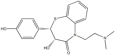 (2S)-2β-(4-ヒドロキシフェニル)-3β-ヒドロキシ-5-[2-(ジメチルアミノ)エチル]-2,3-ジヒドロ-1,5-ベンゾチアゼピン-4(5H)-オン 化学構造式