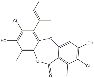 2,7-Dichloro-3,8-dihydroxy-1,9-dimethyl-6-(1-methyl-1-propenyl)-11H-dibenzo[b,e][1,4]dioxepin-11-one,,结构式