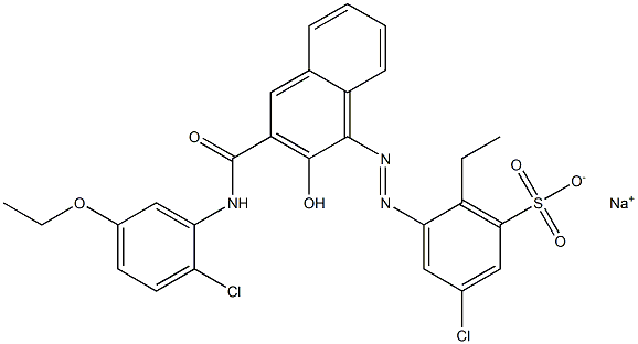 3-クロロ-6-エチル-5-[[3-[[(2-クロロ-5-エトキシフェニル)アミノ]カルボニル]-2-ヒドロキシ-1-ナフチル]アゾ]ベンゼンスルホン酸ナトリウム 化学構造式