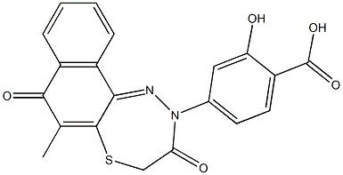 7,8-Dihydro-6-methyl-10-[4-carboxy-3-hydroxyphenyl]-7-thia-10,11-diaza-10H-cyclohepta[a]naphthalene-5,9-dione Structure