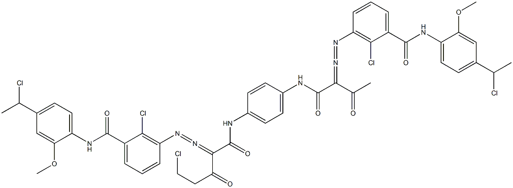 3,3'-[2-(Chloromethyl)-1,4-phenylenebis[iminocarbonyl(acetylmethylene)azo]]bis[N-[4-(1-chloroethyl)-2-methoxyphenyl]-2-chlorobenzamide],,结构式