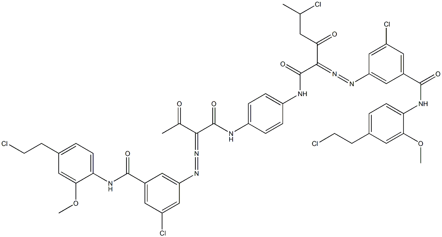 3,3'-[2-(1-クロロエチル)-1,4-フェニレンビス[イミノカルボニル(アセチルメチレン)アゾ]]ビス[N-[4-(2-クロロエチル)-2-メトキシフェニル]-5-クロロベンズアミド] 化学構造式