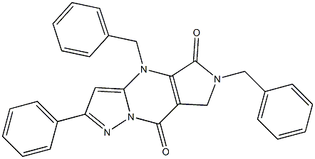 6,7-Dihydro-4,6-dibenzyl-2-phenyl-4H-1,4,6,8a-tetraaza-s-indacene-5,8-dione Struktur