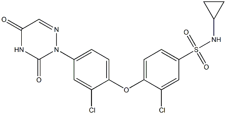 3-クロロ-4-[2-クロロ-4-[(2,3,4,5-テトラヒドロ-3,5-ジオキソ-1,2,4-トリアジン)-2-イル]フェノキシ]-N-シクロプロピルベンゼンスルホンアミド 化学構造式