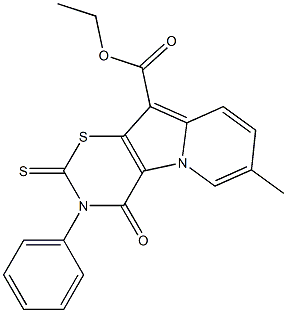 3,4-Dihydro-4-oxo-2-thioxo-3-phenyl-7-methyl-2H-1,3-thiazino[6,5-b]indolizine-10-carboxylic acid ethyl ester Struktur
