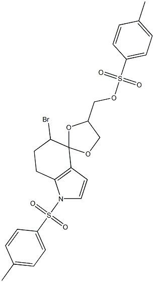 5-Bromo-1-tosyl-4'-tosyloxymethylspiro[4,5,6,7-tetrahydro-1H-indole-4,2'-[1,3]dioxolane],,结构式