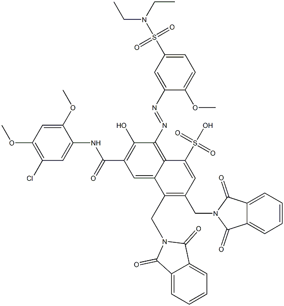 3-[(5-クロロ-2,4-ジメトキシフェニル)アミノカルボニル]-1-[5-[(ジエチルアミノ)スルホニル]-2-メトキシフェニルアゾ]-2-ヒドロキシ-5,6-ビス(フタルイミジルメチル)ナフタレン-8-スルホン酸 化学構造式