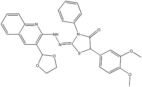 2-[2-[3-(1,3-Dioxolane-2-yl)quinoline-2-yl]hydrazono]-3-phenyl-5-(3,4-dimethoxyphenyl)thiazolidine-4-one Struktur