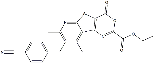 7,9-ジメチル-8-(4-シアノベンジル)-4-オキソ-4H-ピリド[3',2':4,5]チエノ[3,2-d][1,3]オキサジン-2-カルボン酸エチル 化学構造式