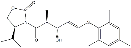 (4S)-4-Isopropyl-3-[(2S,3R)-3-hydroxy-2-methyl-5-(2,4,6-trimethylphenylthio)-4-pentenoyl]oxazolidin-2-one 结构式