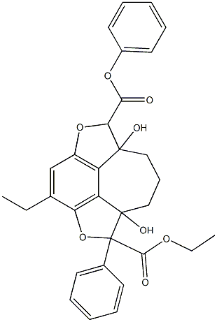 1,6-ジフェニル-6a,9a-ジヒドロキシ-6,6a,7,8,9,9a-ヘキサヒドロ-2,5-ジオキサ-1H-シクロヘプタ[jkl]-as-インダセン-1,6-ジカルボン酸ジエチル 化学構造式