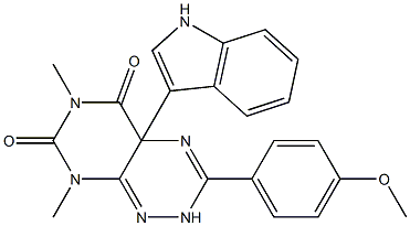 6,8-ジメチル-2,4a-ジヒドロ-3-(4-メトキシフェニル)-4a-(1H-インドール-3-イル)ピリミド[5,4-e]-1,2,4-トリアジン-5,7(6H,8H)-ジオン 化学構造式