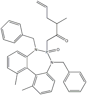 1,11-Dimethyl-5,7-dibenzyl-6,7-dihydro-6-(2-oxo-3-methyl-5-hexenyl)-5H-dibenzo[d,f][1,3,2]diazaphosphepine 6-oxide,,结构式