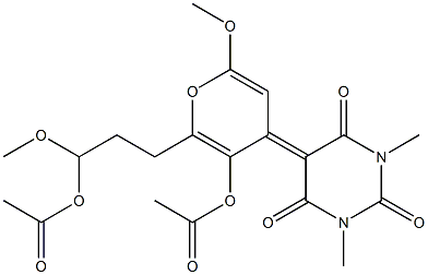 Acetic acid [1-methoxy-3-[4-[(1,3-dimethyl-2,4,6-trioxohexahydropyrimidin)-5-ylidene]-2-methoxy-5-acetoxy-4H-pyran-6-yl]propyl] ester Structure