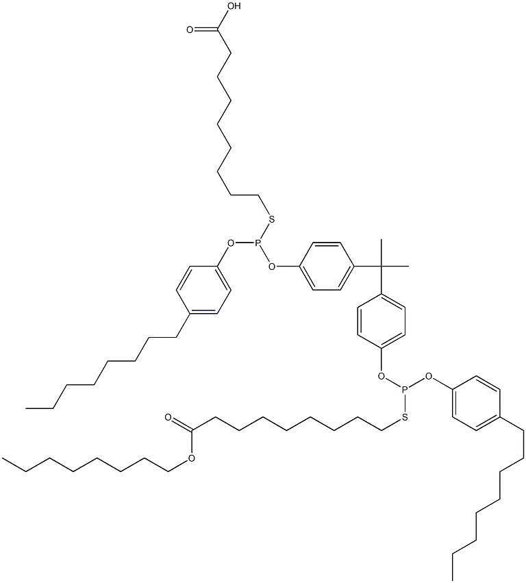 9,9'-[[Isopropylidenebis(4,1-phenyleneoxy)]bis[[(4-octylphenyl)oxy]phosphinediylthio]]bis(nonanoic acid octyl) ester,,结构式